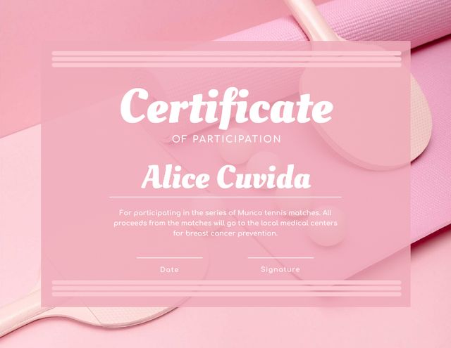 Tennis Match participation confirmation in pink Certificate – шаблон для дизайну