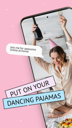 Pajamas Party Announcement with Woman in Festive Cone Instagram Story Modelo de Design