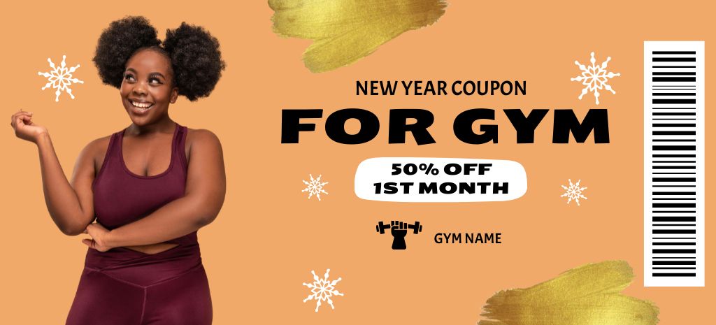 New Year Offer of Gym Workout with Cheerful Woman Coupon 3.75x8.25in Design Template