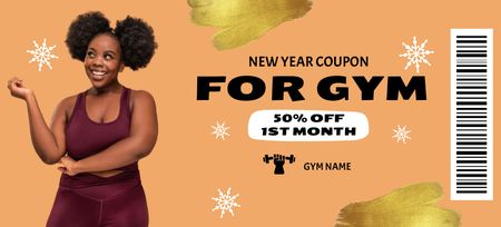 Designvorlage New Year Offer of Gym Workout with Smiling Woman für Coupon 3.75x8.25in