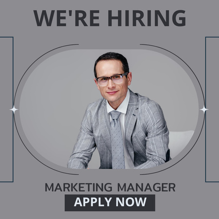 Marketing Manager Vacancy with Businessman in Grey Suit Instagram Design Template