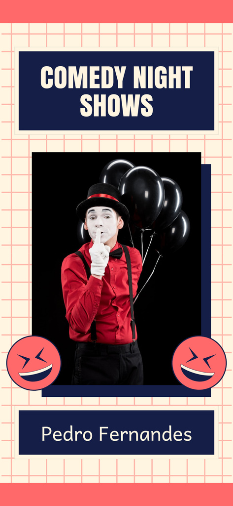 Ontwerpsjabloon van Snapchat Geofilter van Night Comedy Show with Mime and Balloons