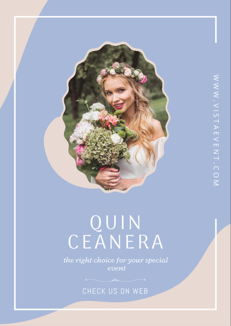 Plantilla de diseño de Event Agency Offer for Celebrate Quinceañera with Woman with Bouquet Flyer A6 