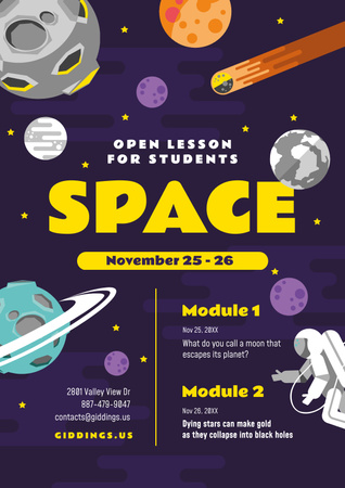 Space Lesson Announcement with Astronaut among Planets and Stars Poster Design Template