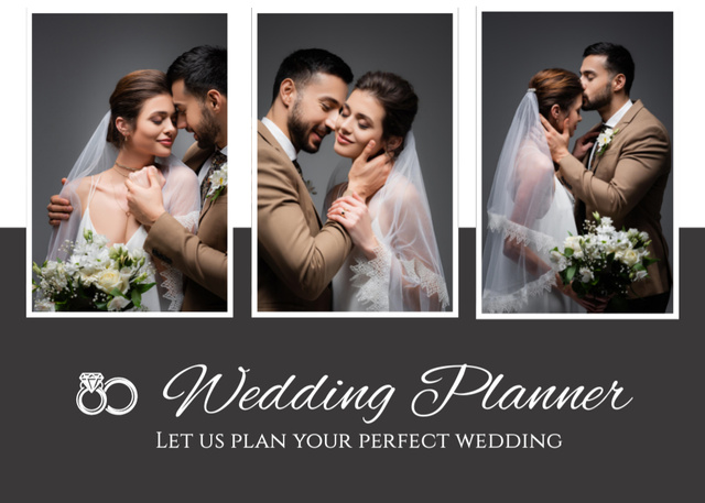 Plantilla de diseño de Wedding Planner Offer with Collage of Happy Newlyweds Postcard 5x7in 