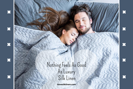 Szablon projektu Reklama luksusowej jedwabnej pościeli ze szczęśliwą parą w łóżku Poster 24x36in Horizontal