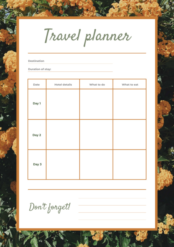 Travel Planner in Yellow Flowers Frame Schedule Planner Design Template