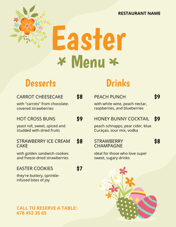 Easter Desserts Offer with Painted Eggs on Yellow Menu 8.5x11in Tasarım Şablonu