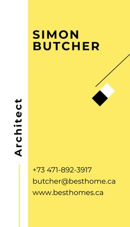 Ammattimainen arkkitehdin palvelutarjous keltaisena Business Card US Vertical Design Template