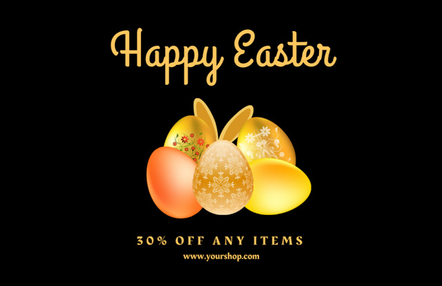 Designvorlage Easter Holiday Discount Announcement with Golden Eggs on Black für Thank You Card 5.5x8.5in