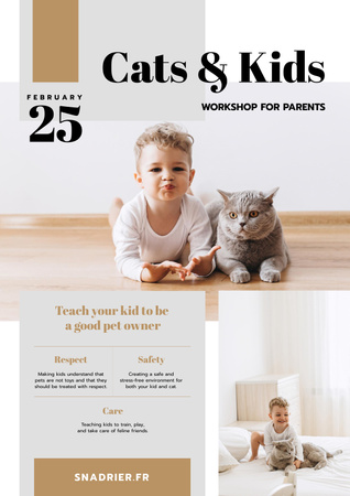 Template di design Annuncio del seminario con bambino che gioca con il gatto su beige Poster