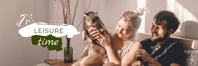 Couple with Cat having fun at Home Twitterデザインテンプレート