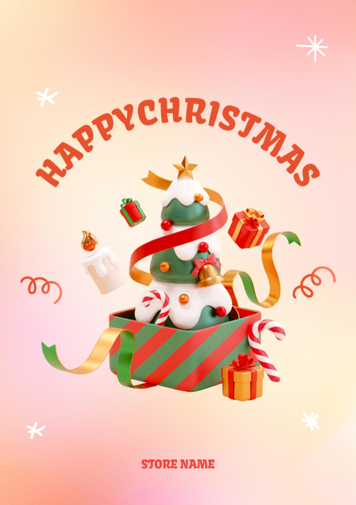 Ontwerpsjabloon van Postcard A5 Vertical van Christmas Cheers with Festive Ribbons and Tree