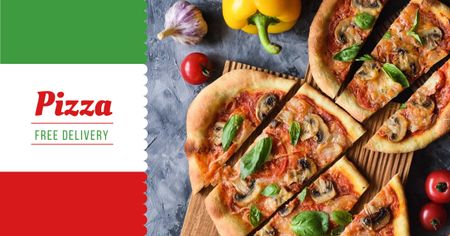 Designvorlage Pizza delivery offer with tasty slices für Facebook AD