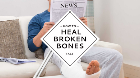 Ontwerpsjabloon van Youtube van Man with broken bones sitting on sofa reading newspaper