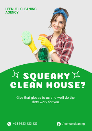 Cleaning Service Offer with Girl in Yellow Gloved Poster A3 Design Template