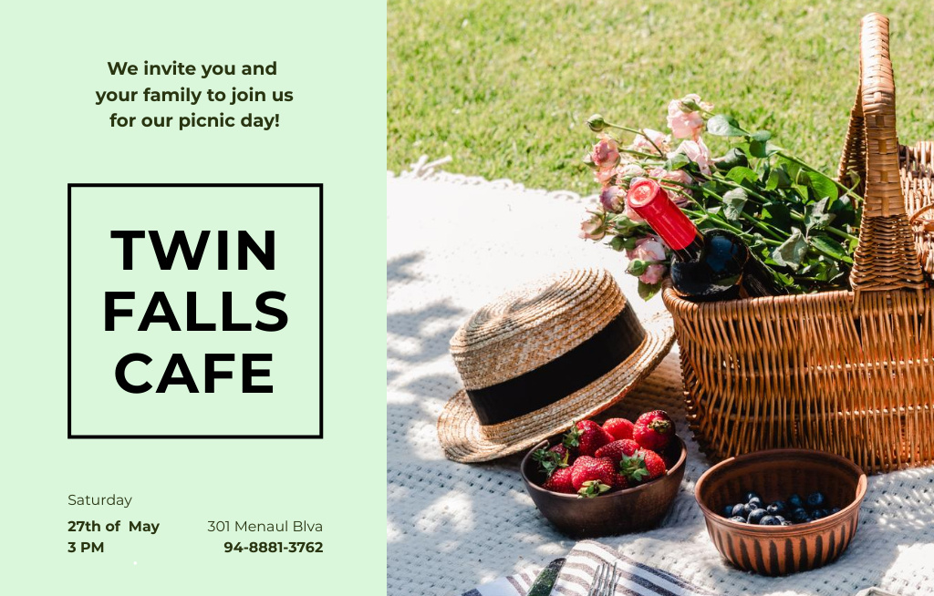 Sophisticated Cafe Event With Picnic Basket On a Lawn In Green Invitation 4.6x7.2in Horizontal tervezősablon