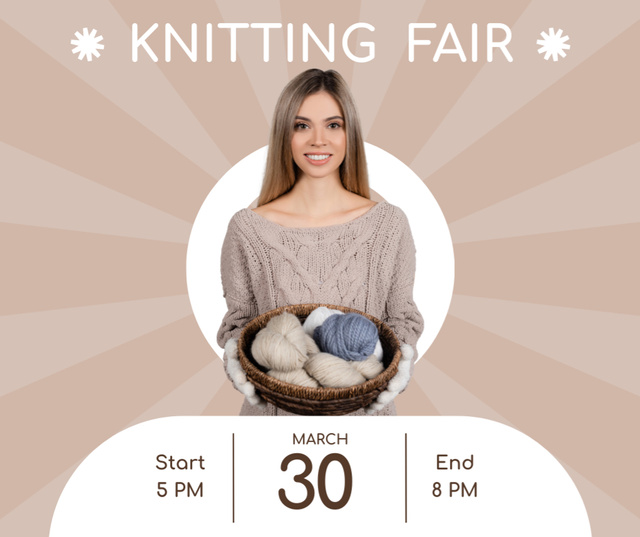 Designvorlage Knitting Fair Announcement With Yarn In Basket für Facebook