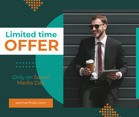 Social Media Day Offer Businessman with Tablet and Coffee Facebook Design Template