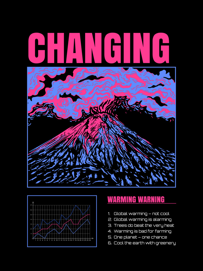 Modèle de visuel Climate Change Awareness with Illustration of Volcano In Black - Poster US