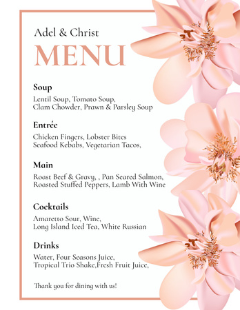 桃の花が結婚式の前菜リストに登場 Menu 8.5x11inデザインテンプレート