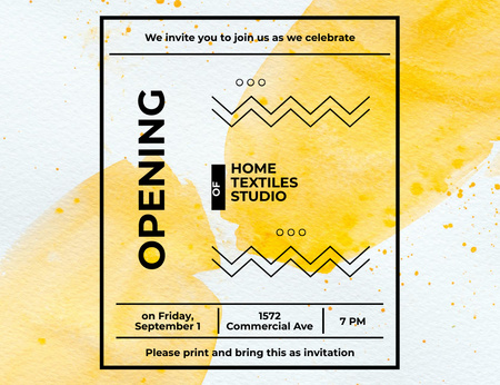 Textile Studio Promotion With Yellow Blots Invitation 13.9x10.7cm Horizontal Design Template