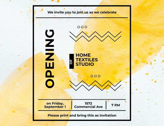 Designvorlage Textile Studio Promotion With Yellow Blots für Invitation 13.9x10.7cm Horizontal