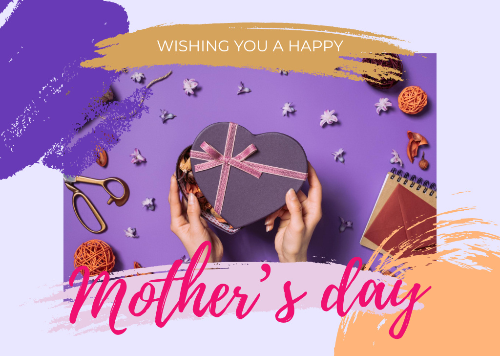 Mother's Day Greeting with Heart-Shaped Gift Box Card Design Template