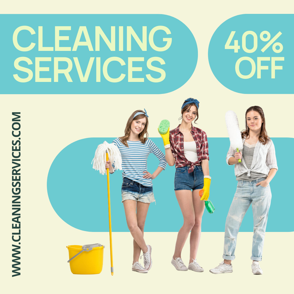 Budget-friendly Cleaning Service Ad with Three Smiling Girls Instagram AD tervezősablon