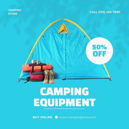 Camping Equipment Offer with Blue Tent Instagram AD Modelo de Design