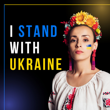 国民服を着た女性とウクライナのスローガンを掲げて立つ Instagramデザインテンプレート
