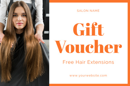Anúncio de serviços de extensão de cabelo com mulher bonita com cabelo comprido saudável Gift Certificate Modelo de Design