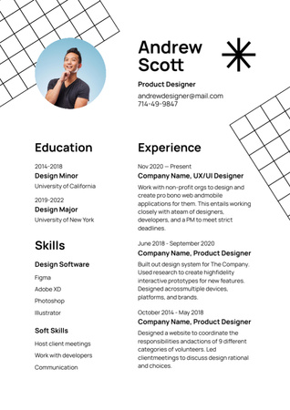 Product Designer's Skills and Experience Resume tervezősablon