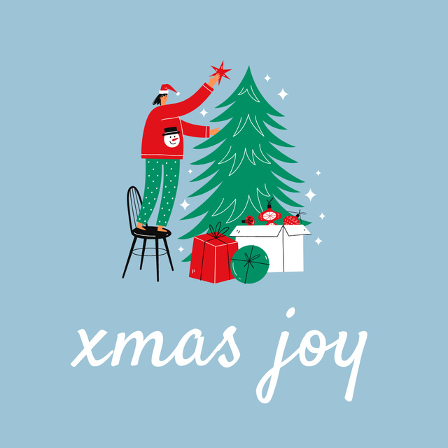 Designvorlage Christmas Holiday Greeting with Man decorating Tree für Instagram