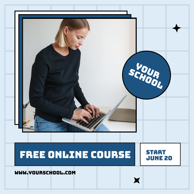 Online Educational Courses Ad with Woman using Laptop Instagram AD Design Template