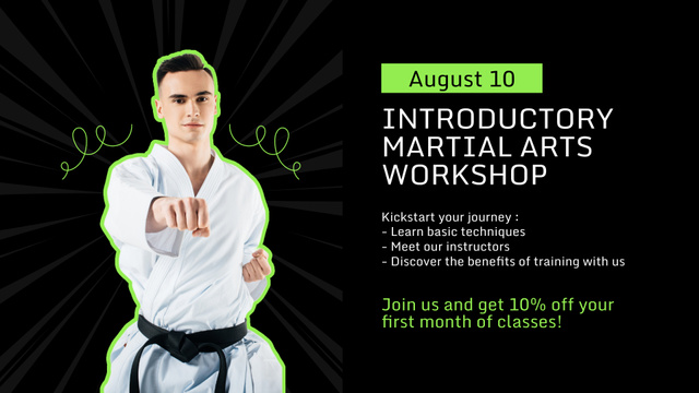 Martial Arts Workshop Ad with Confident Fighter FB event cover Design Template