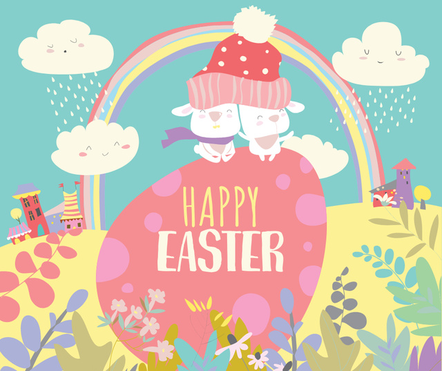 Cute bunnies on Easter Egg Facebook Design Template