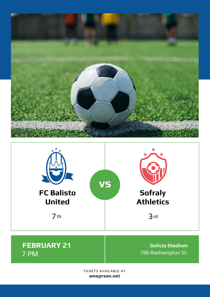 Soccer Match Announcement with Ball on Green Lawn Poster Design Template