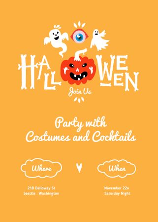 Halloween Party Announcement with Pumpkin and Ghosts Invitationデザインテンプレート
