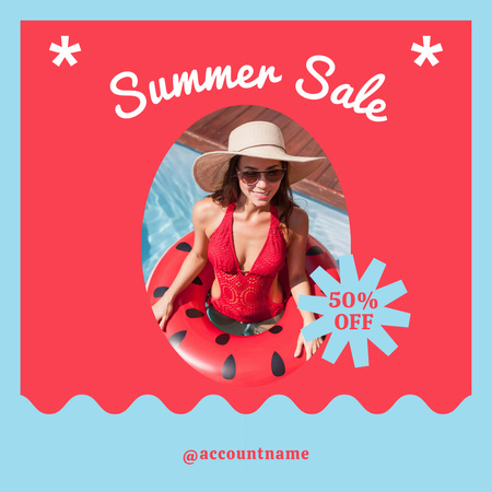 Ontwerpsjabloon van Instagram van Summer Sale Ad with Woman in Swimsuit and Straw Hat