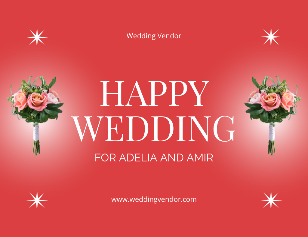 Plantilla de diseño de Happy Wedding Greeting with Rose Bouquets Thank You Card 5.5x4in Horizontal 