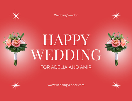 Modèle de visuel Voeux de mariage heureux avec des bouquets de roses - Thank You Card 5.5x4in Horizontal