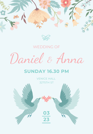 Wedding Invitation with Loving Birds and Flowers Poster 28x40in Šablona návrhu