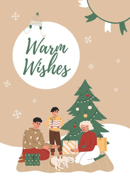 Christmas and New Year Wishes Happy Family Postcard A6 Vertical Design Template