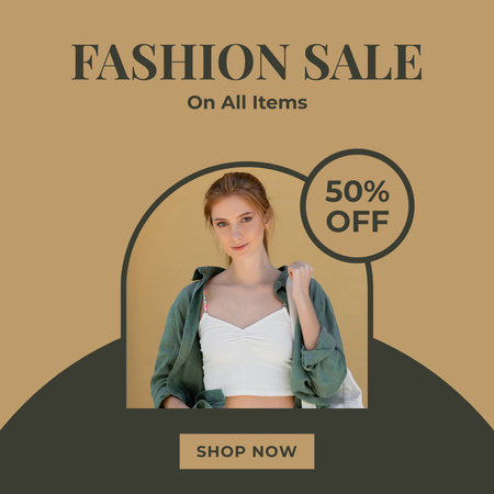 Young Woman in Green Shirt for Fashion Sale Ad Instagram Design Template