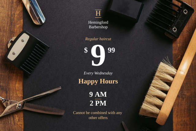 Barbershop Happy Hours Announcement with Professional Tools Flyer 4x6in Horizontal Design Template