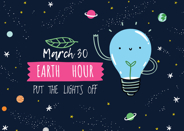 Platilla de diseño Earth hour Announcement with Smiling Lightbulb Postcard