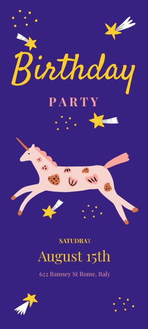 Birthday Party Announcement with Cute Unicorn on Purple Invitation 9.5x21cmデザインテンプレート