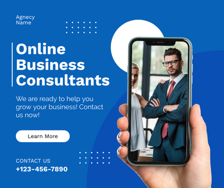 Business Consulting Services with Businessman on Phone Screen Facebook Design Template