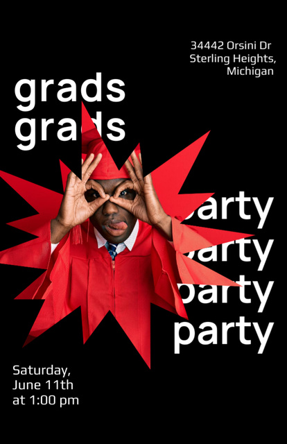 Grads Party Ad In Black and Red Invitation 5.5x8.5in Tasarım Şablonu